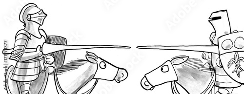 Slika na platnu B&W illustration of two knights jousting.