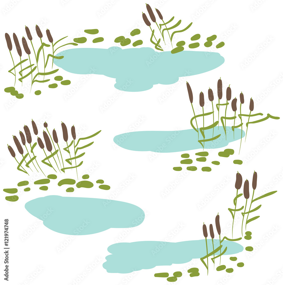 Naklejka premium Reeds with pond vector icon set
