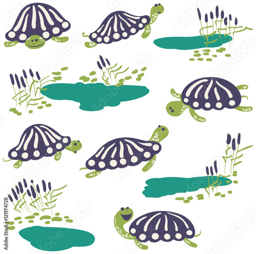 Vector earthen turtle and reeds with pond icon set