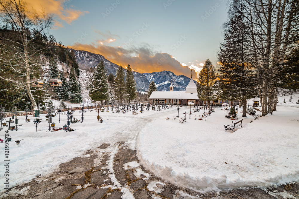 snowy mountain cemetery