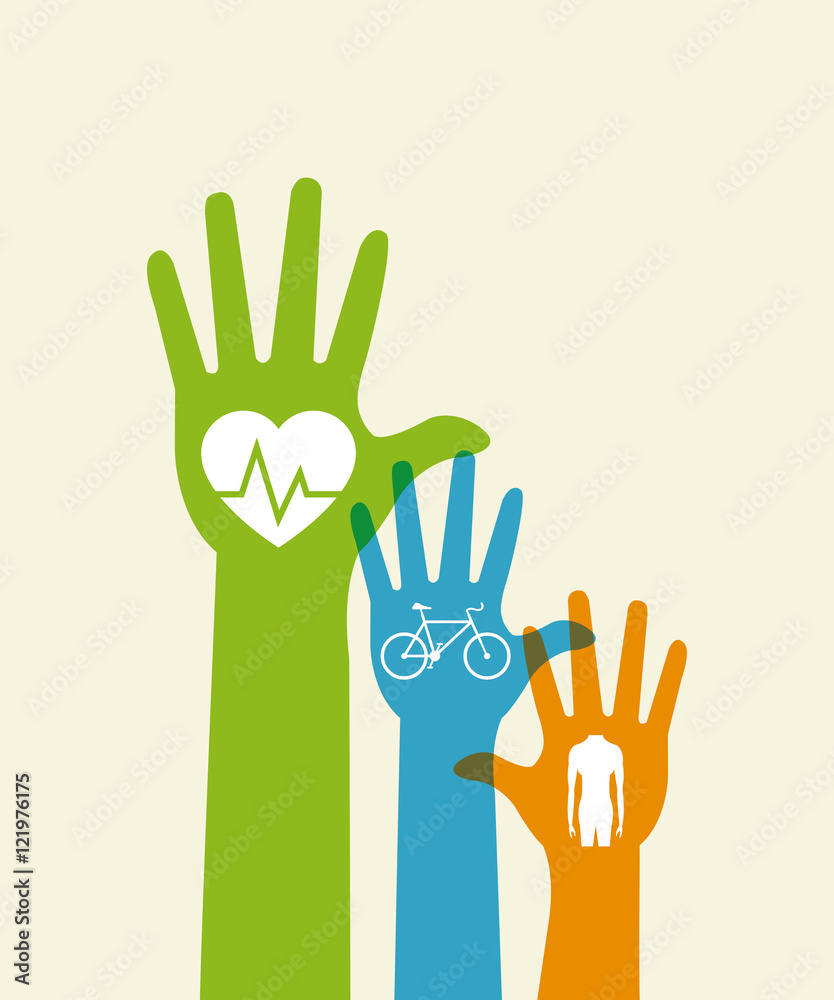 flat design fitness lifestyle related icons and raised hands image vector illustration flat design fitness lifestyle related icons and raised hands image vector illustration