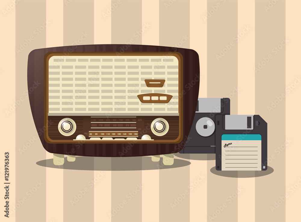 flat design retro radio with floppy disk image vector illustration flat design retro radio with floppy disk image vector illustration
