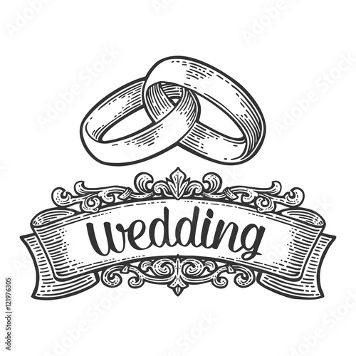 Wedding rings. Vintage black vector engraving illustration