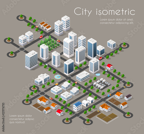 Transportation 3D city streets intersection with houses and trees. Isometric view from above on a city transport