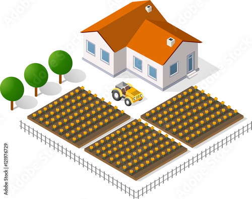 Houses and gardens in a rural perspective view