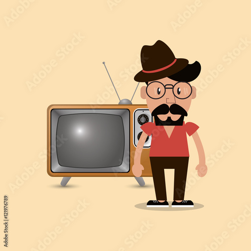 flat design retro tv and hipster man emblem image vector illustration