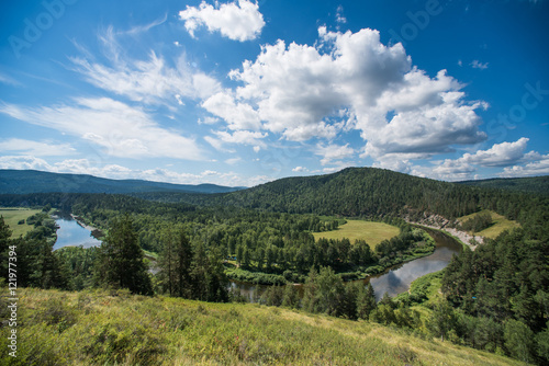 Scenery view of river Belaya, Ural mountains, Russia