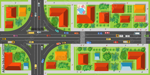 Highway junction roads with cars and transport top view. City intersection with houses, streets and trees
