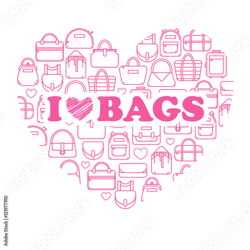 I love bags, fashion bag line icons in heart form