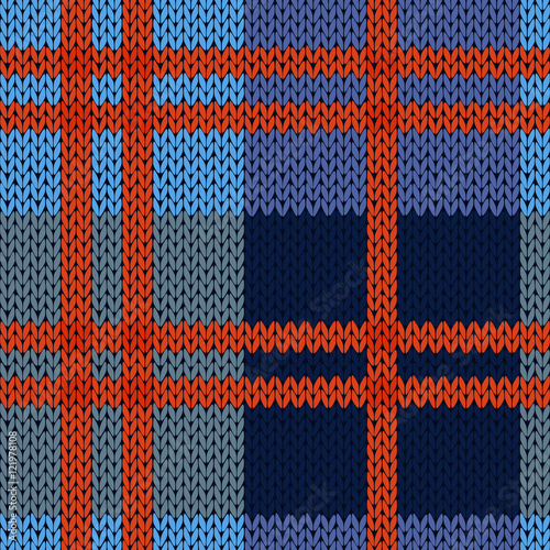 Knitting seamless pattern in blue and red hues