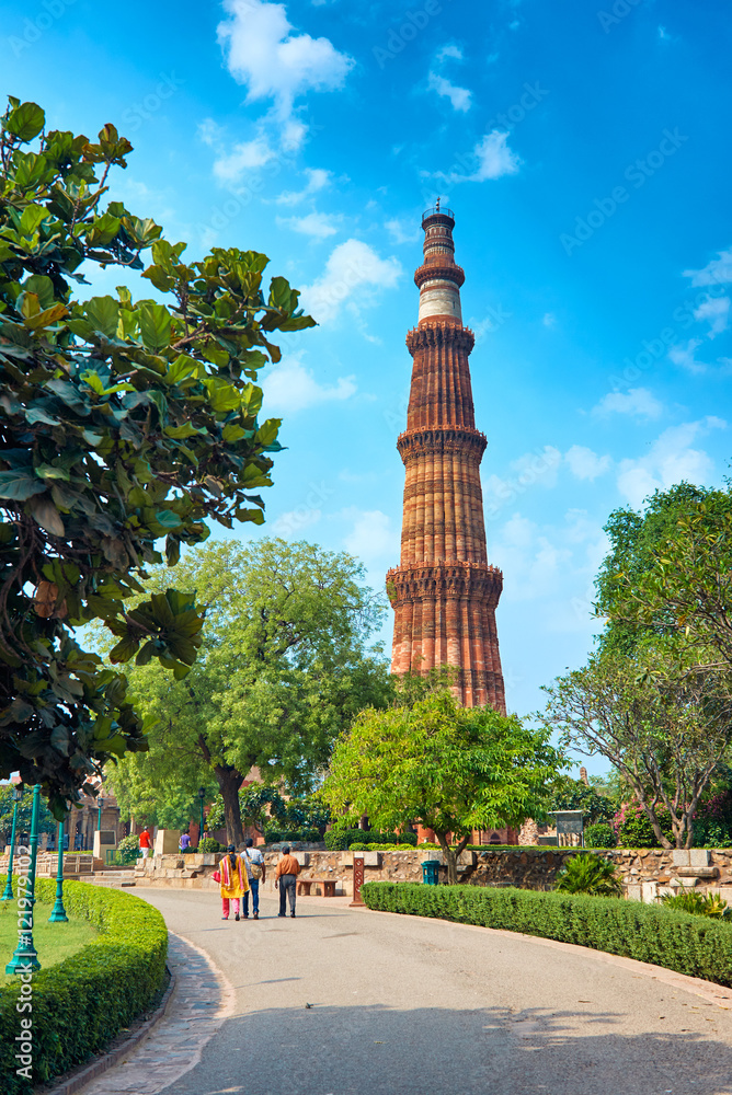 DELHI,INDIA-APRIL 29,2015: The tallest brick minaret in the world Qutub Minar DELHI,INDIA-APRIL 29,2015: The tallest brick minaret in the world Qutub Minar