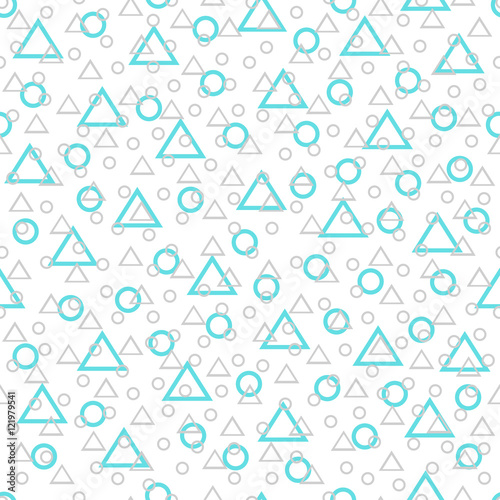 Seamless blue, gray, white geometric pattern with thin line randomly arranged triangles and rings on white background. Abstract geometrical background of triangle, circle. Vector illustration.