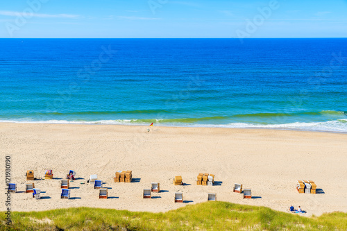 View of beautiful beach with chairs in Wenningstedt  Sylt island  Germany