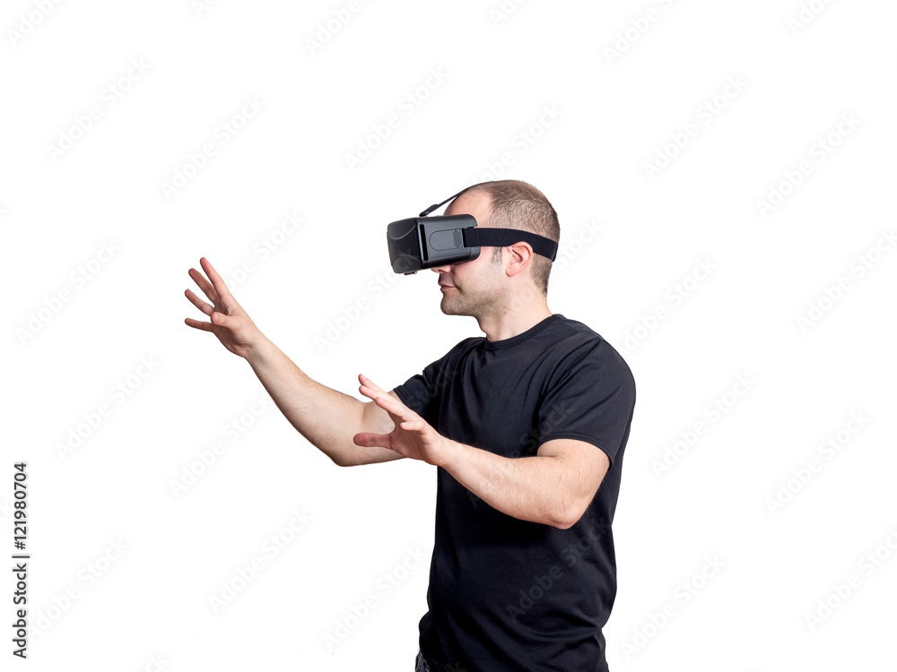 Man using virtual reality headset isolated on white blackground Man using virtual reality headset isolated on white blackground