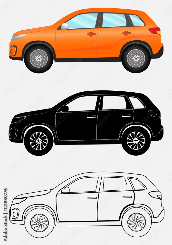 Off-road vehicle in three different styles: orange, black silhouette