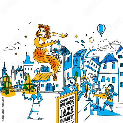 Jazz musicians in the city. Creative funky line art illustration.