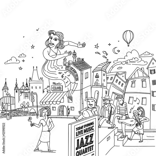 Jazz musicians in the city. Creative funky line art illustration.