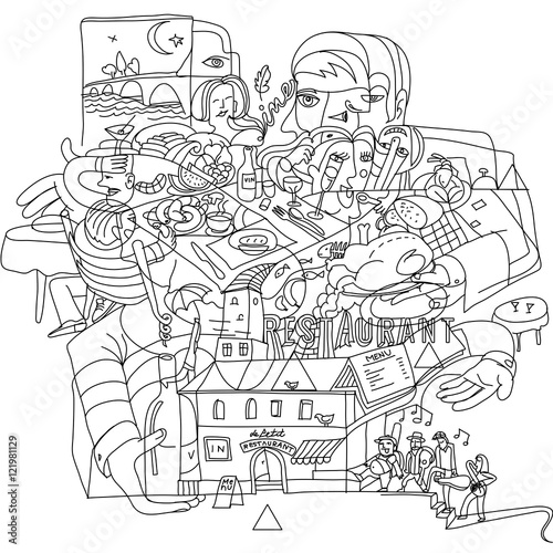 Doodle drawing of restaurant atmosphere in the city. Creative funky line art illustration.