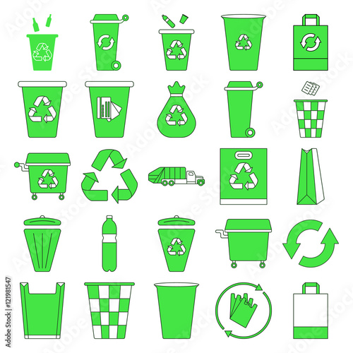 Recycle waste management trash Different colored recycle bins flat icon set on background