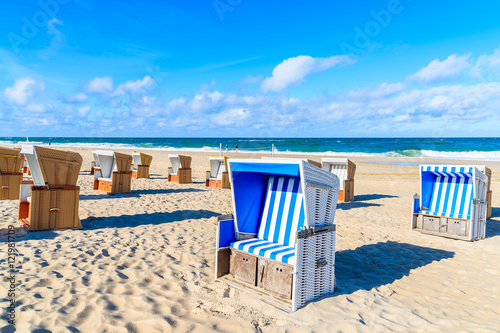 Chairs on beautiful beach in Wenningstedt village  Sylt island  Germany