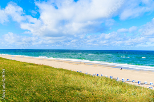 View of beautiful beach from sand dune near Westerland village  Sylt island  Germany