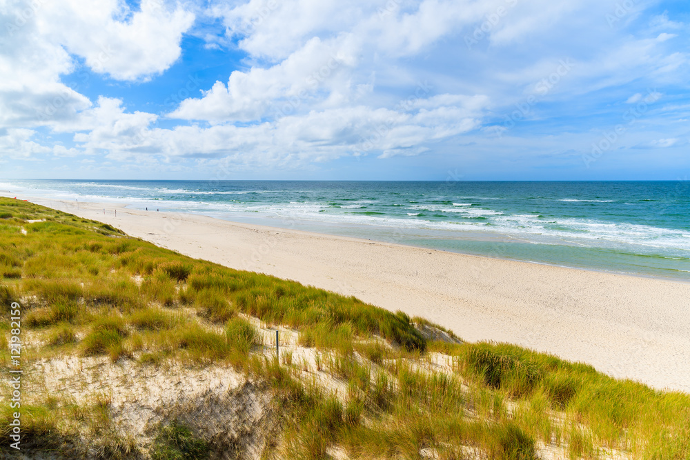 Grass on sand dune and view of beach in List village, Sylt island, Germany