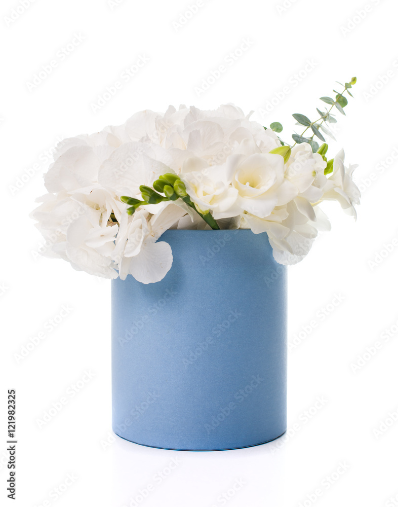 Bouquet of white hydrangeas in round  blue box 