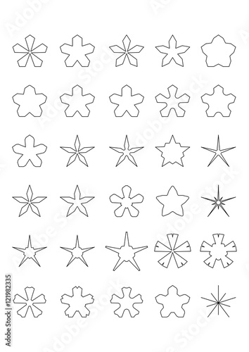 Star shape simply design elements set. Collection of 20 star elements useful for christmas design.Black outline drawing.