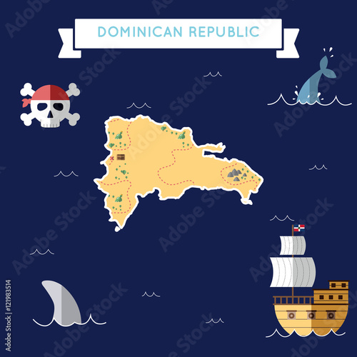 Flat treasure map of Dominican Republic. Colorful cartoon with icons of ship, jolly roger, treasure chest and banner ribbon. Flat design vector illustration.