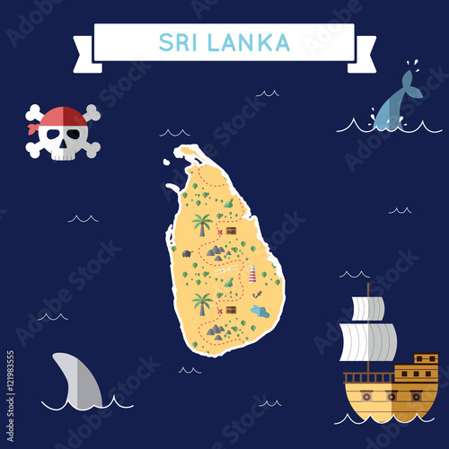 Flat treasure map of Sri Lanka. Colorful cartoon with icons of ship, jolly roger, treasure chest and banner ribbon. Flat design vector illustration.