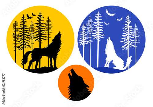 Howling wolf with moon, vector set