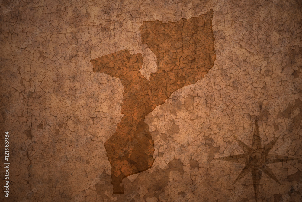 mozambique map on a old vintage crack paper background