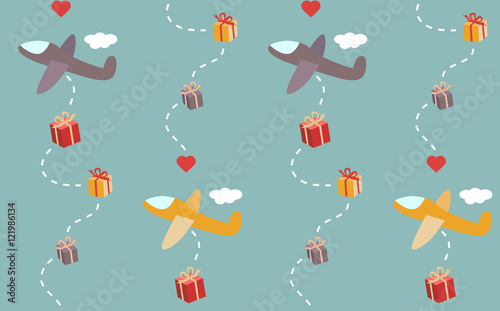 Airplanes distributing gift packs vector seamless pattern