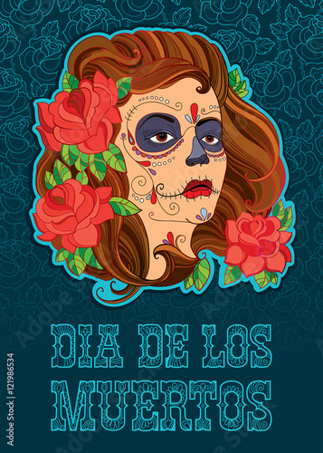 Vector illustration of woman face with Sugar skull or Calavera Catrina makeup on the turquoise background with outline roses. Design for Mexican Day of the dead or Dia de los Muertos in contour style.