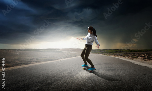 Girl ride skateboard . Mixed media