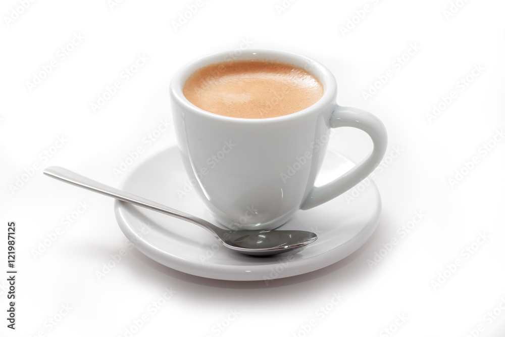 Cup of fresh brewed espresso with a spoon isolated on white background Cup of fresh brewed espresso with a spoon isolated on white background