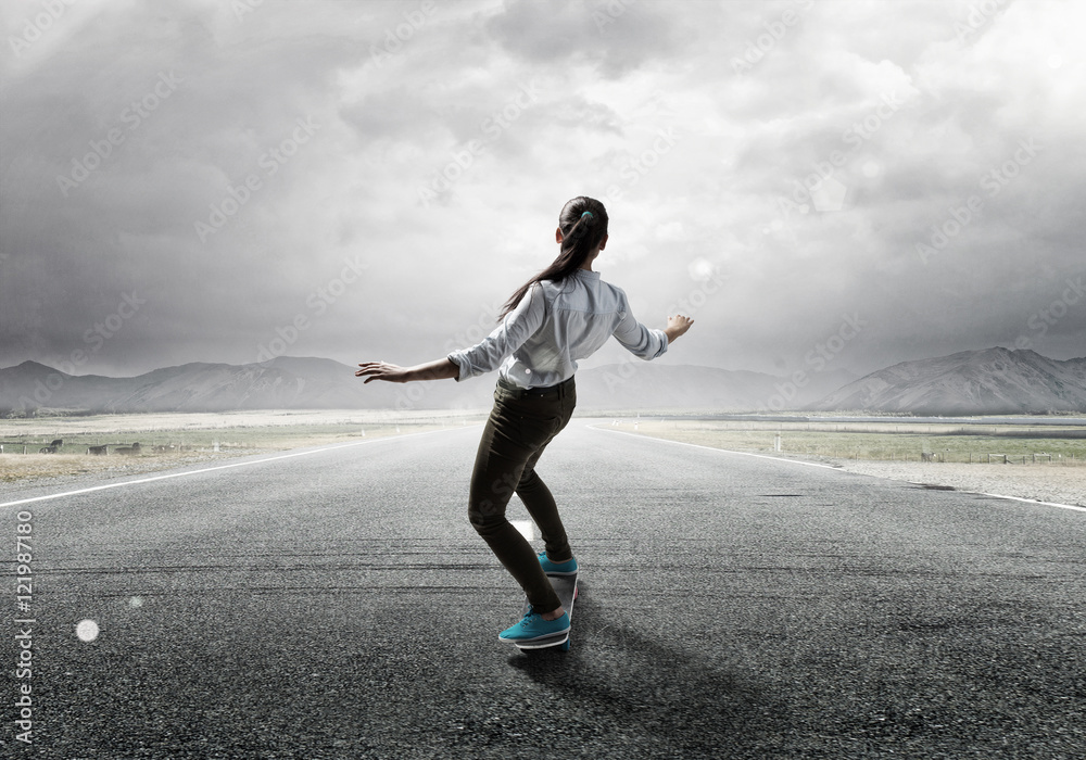 Girl ride skateboard . Mixed media