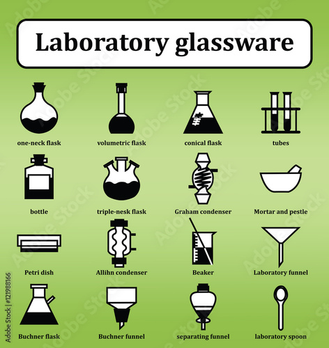 Set of 16 icons of various laboratory glassware photo