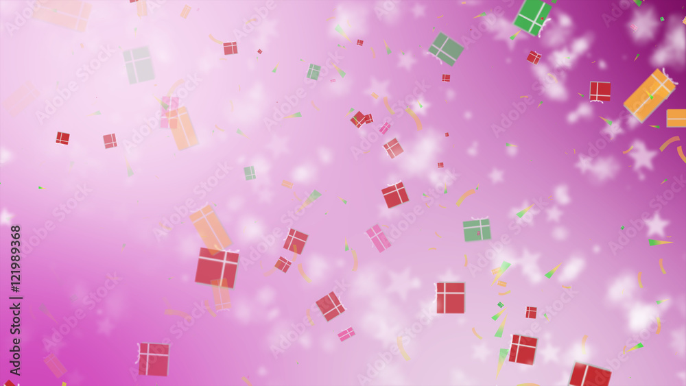 Christmas pink background with gift boxes and snowflakes falling