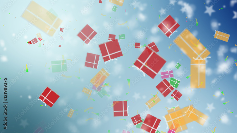 Christmas blue background with gift boxes and snowflakes falling Christmas blue background with gift boxes and snowflakes falling