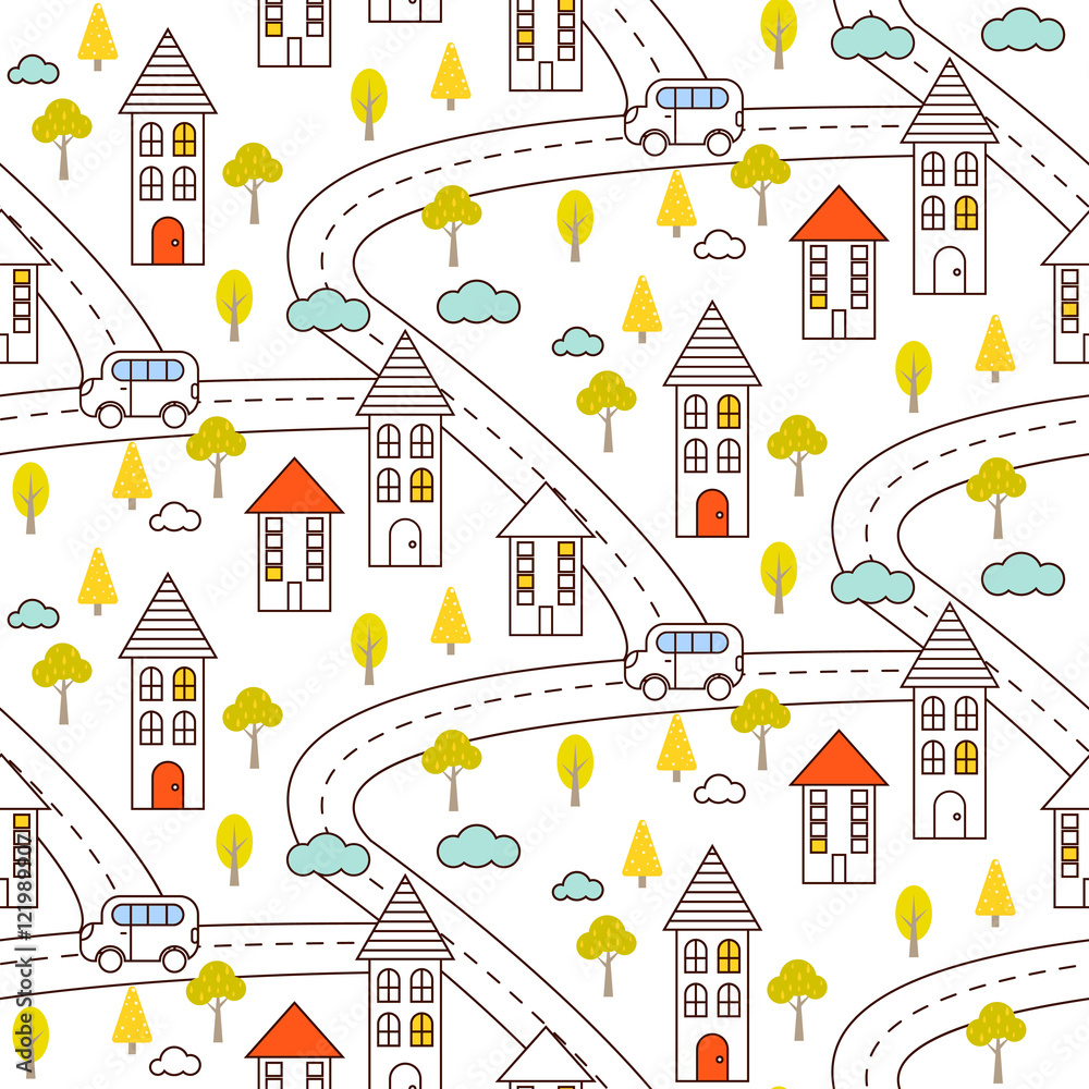 Fototapeta premium Outline countryside seamless vector pattern. Village with road, houses, car and trees repeat background. Line style partially colored landscape.