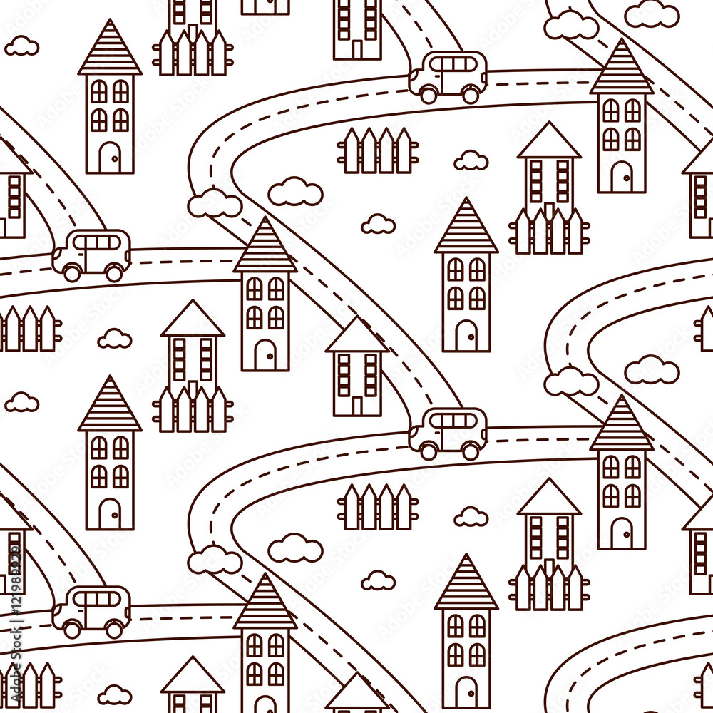 Outline village seamless vector pattern. Countryside landscape with road, houses, car and fields repeat background. Line style coloring page.