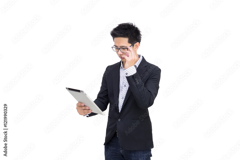 Portrait of a smart asian confident businessman holding tablet