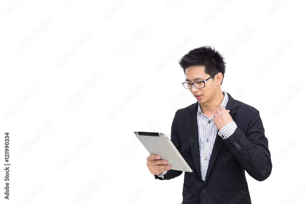 Portrait of a smart asian confident businessman holding tablet