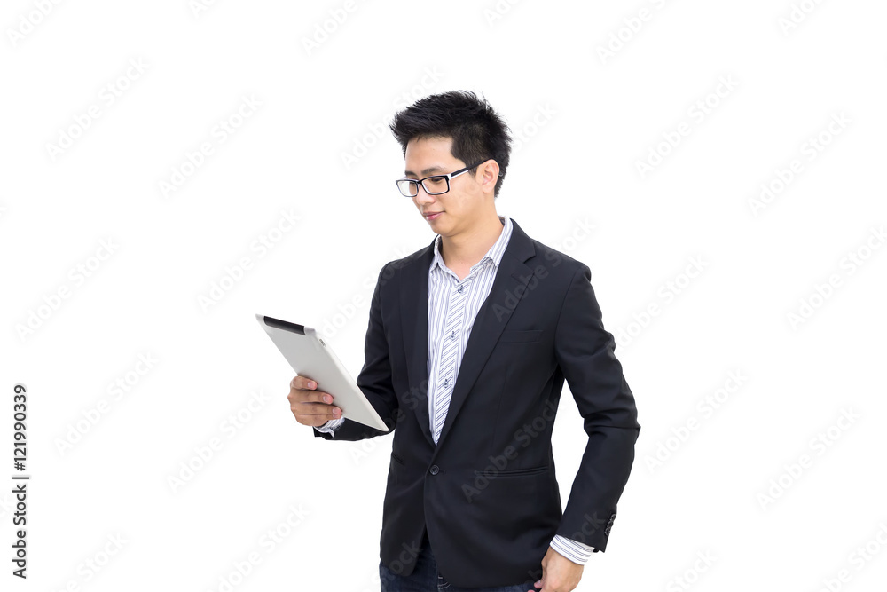 Portrait of a smart asian confident businessman holding tablet