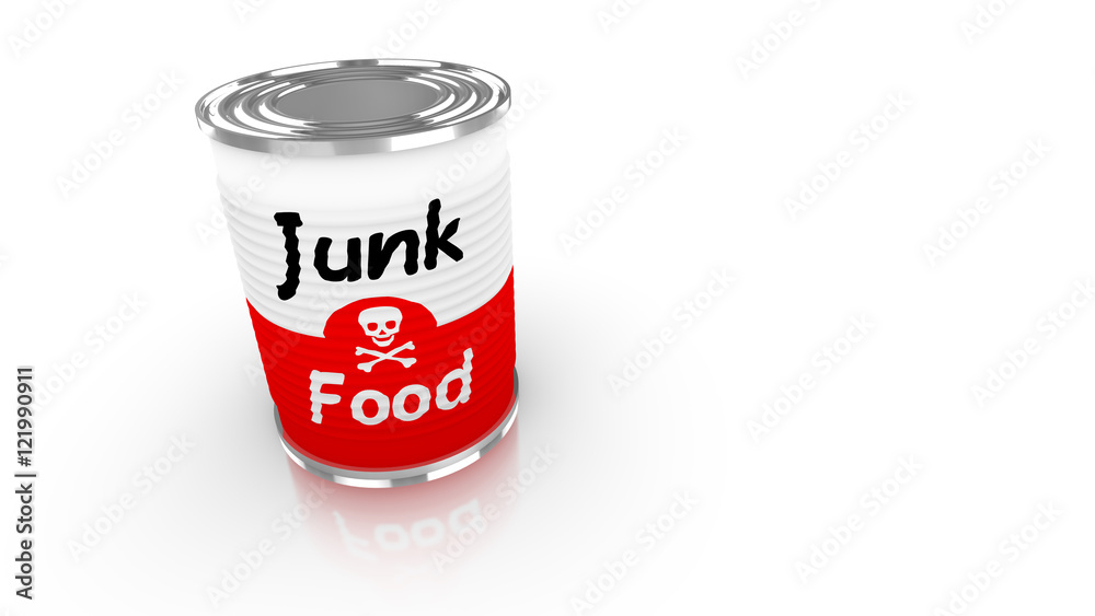 Tin can with red and white junk food label