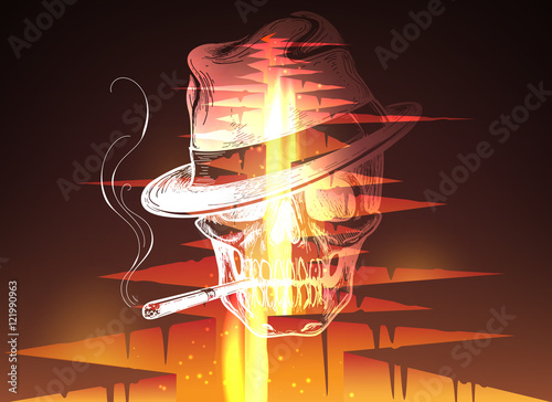 Cracked hole in ground with lava or magma fire and smoker skull vector illustration