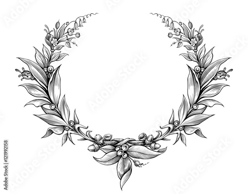 laurel wreath vintage Baroque  frame border monogram floral heraldic shield leaf scroll engraved retro flower tattoo black and white vector 