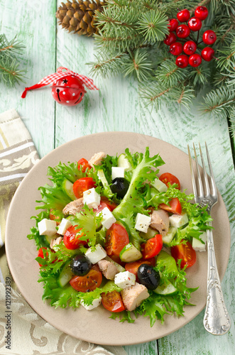 Fresh salad with tuna, tomatoes and cucumbers