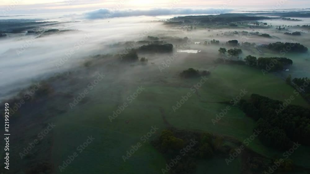 Aerial View Of Fog Mist Over Rural Countryside Aerial View Of Fog Mist Over Rural Countryside